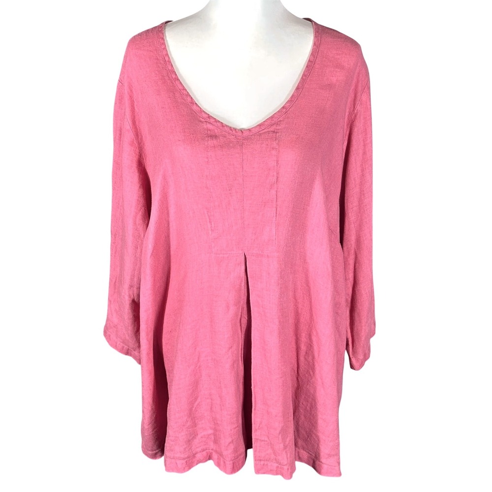 Flax Tunic Women 2G (2X) Pink Linen V-Neck Long Sleeve Pleated Lagenlook Top